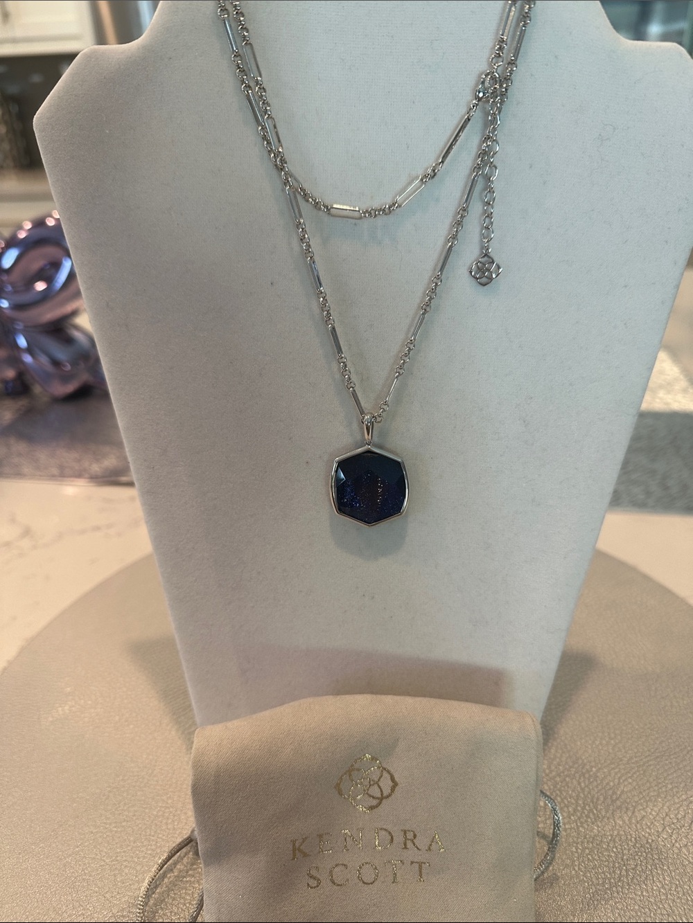 Kendra Scott Silver Layered Necklace with Sparkle Blue Pendant
